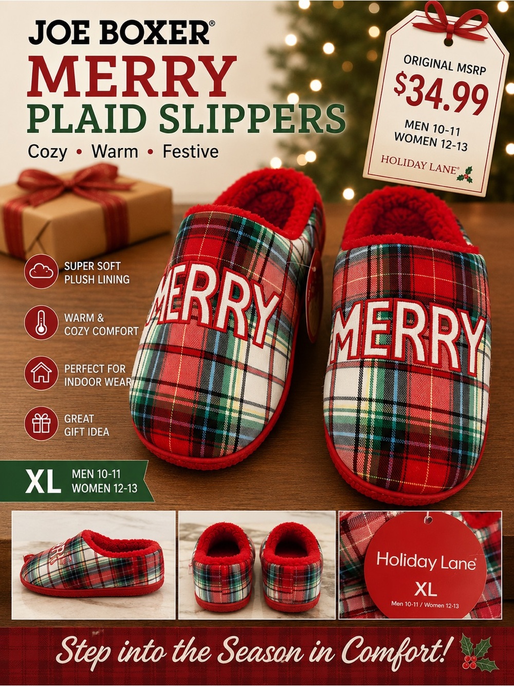 Joe Boxer Merry Plaid Unisex Red Plush Slippers